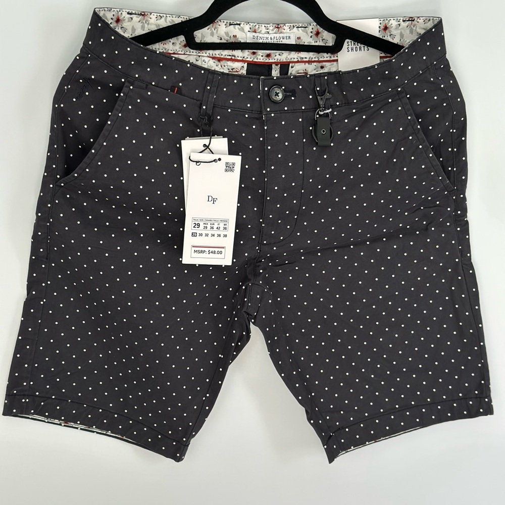 Denim & Flower Ricky Singh White Polka Dot and Blue Flat Front Shorts Size 29
